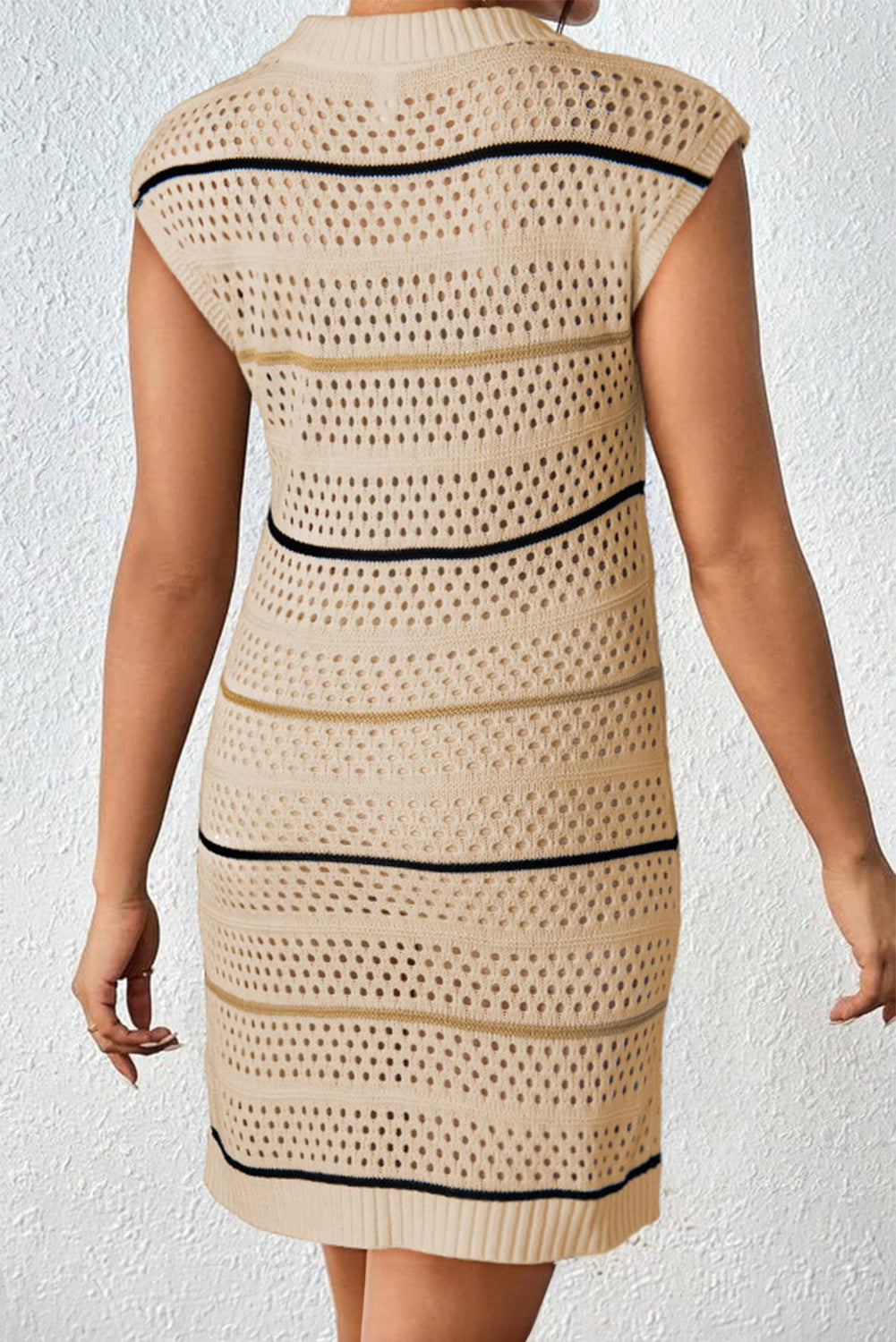 Apricot Beach Eyelet Crochet Knit Striped Detail Polo Tee Dress-TOPS / DRESSES-[Adult]-[Female]-2022 Online Blue Zone Planet