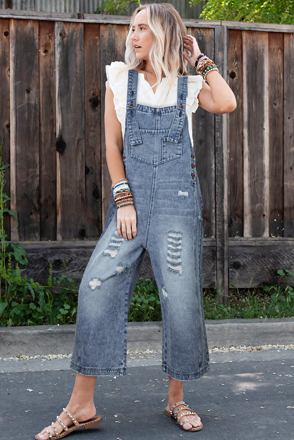 Stone Blue Distressed Bib Pocket Wide Leg Denim Overall-Bottoms/Jumpsuits & Rompers-[Adult]-[Female]-2022 Online Blue Zone Planet