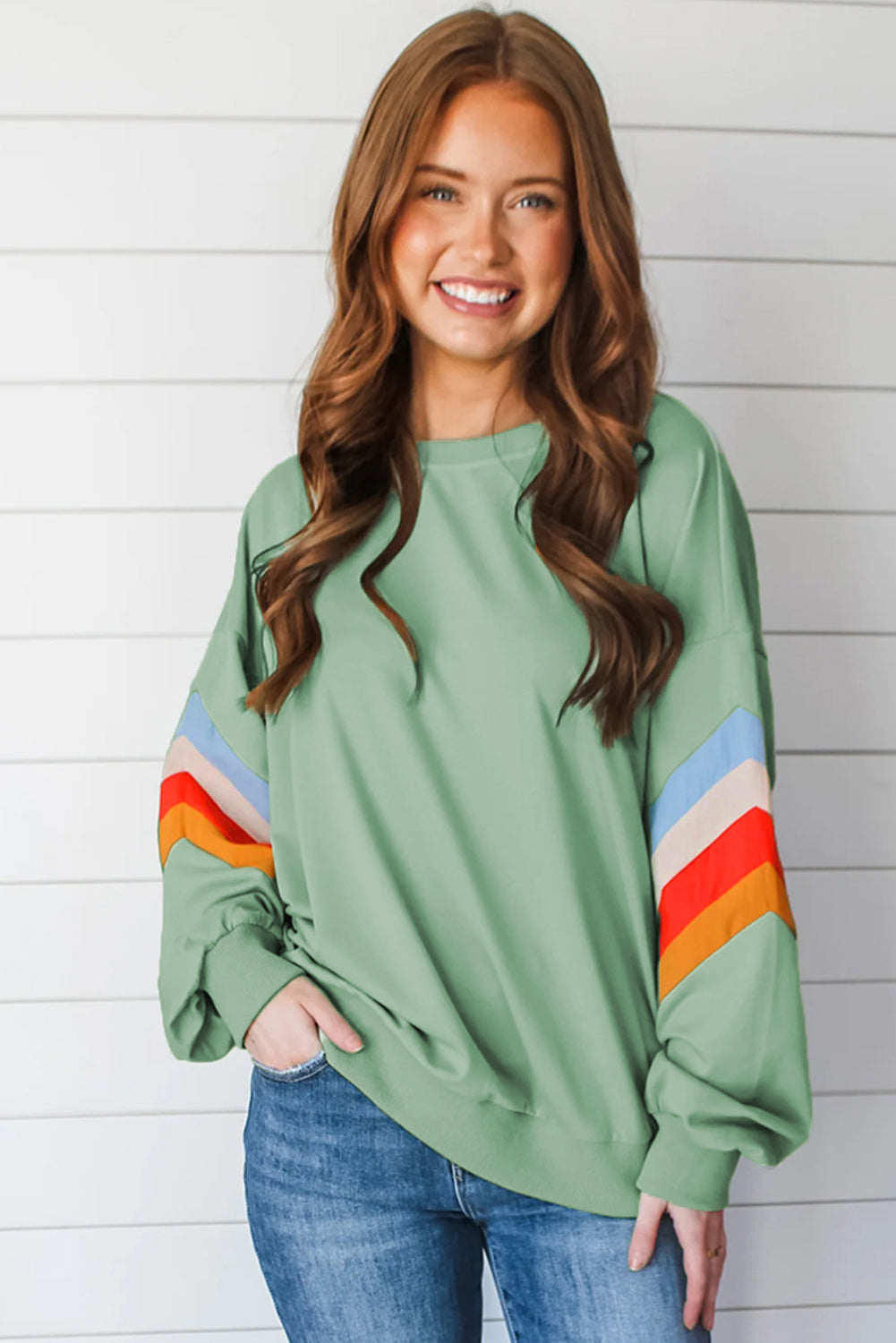 Flamingo Rainbow Striped Sleeve Crew Neck Loose Sweatshirt-Tops/Sweatshirts & Hoodies-[Adult]-[Female]-2022 Online Blue Zone Planet