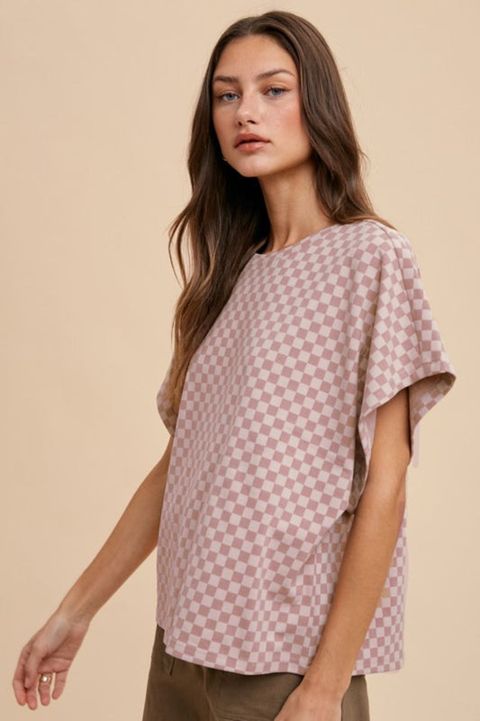 Annie Wear Checkered Round Neck Short Sleeve T-Shirt-TOPS / DRESSES-[Adult]-[Female]-Dusty Pink-S-2022 Online Blue Zone Planet