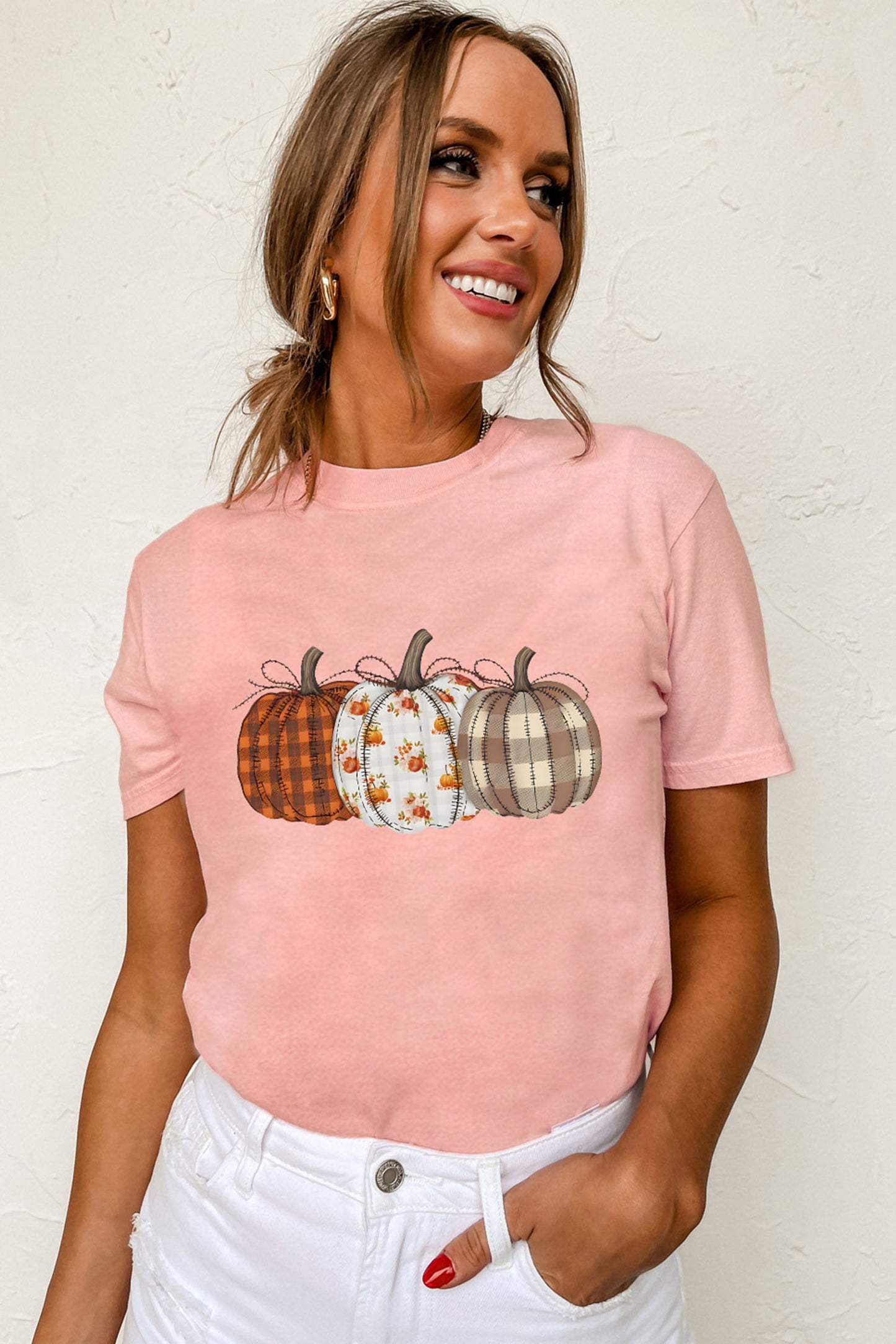 Pink Mix Pattern Pumpkin Print Round Neck T Shirt