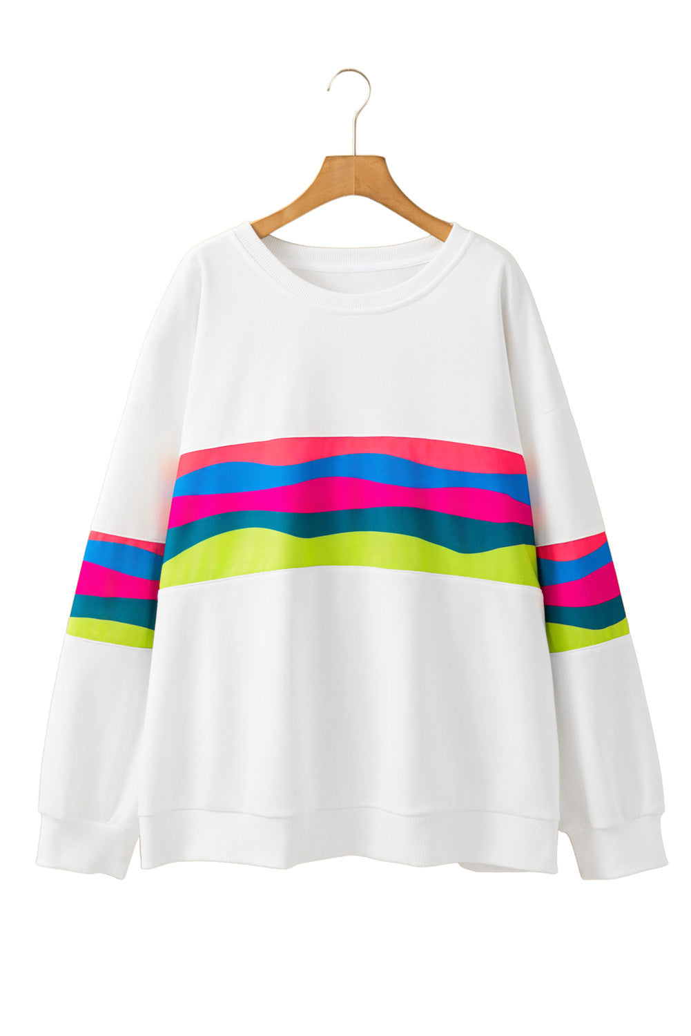 Blue Zone Planet | White Plus Size Colorful Striped Drop Shoulder Loose Sweatshirt-Plus Size/Plus Size Sweatshirts & Hoodies-[Adult]-[Female]-2022 Online Blue Zone Planet