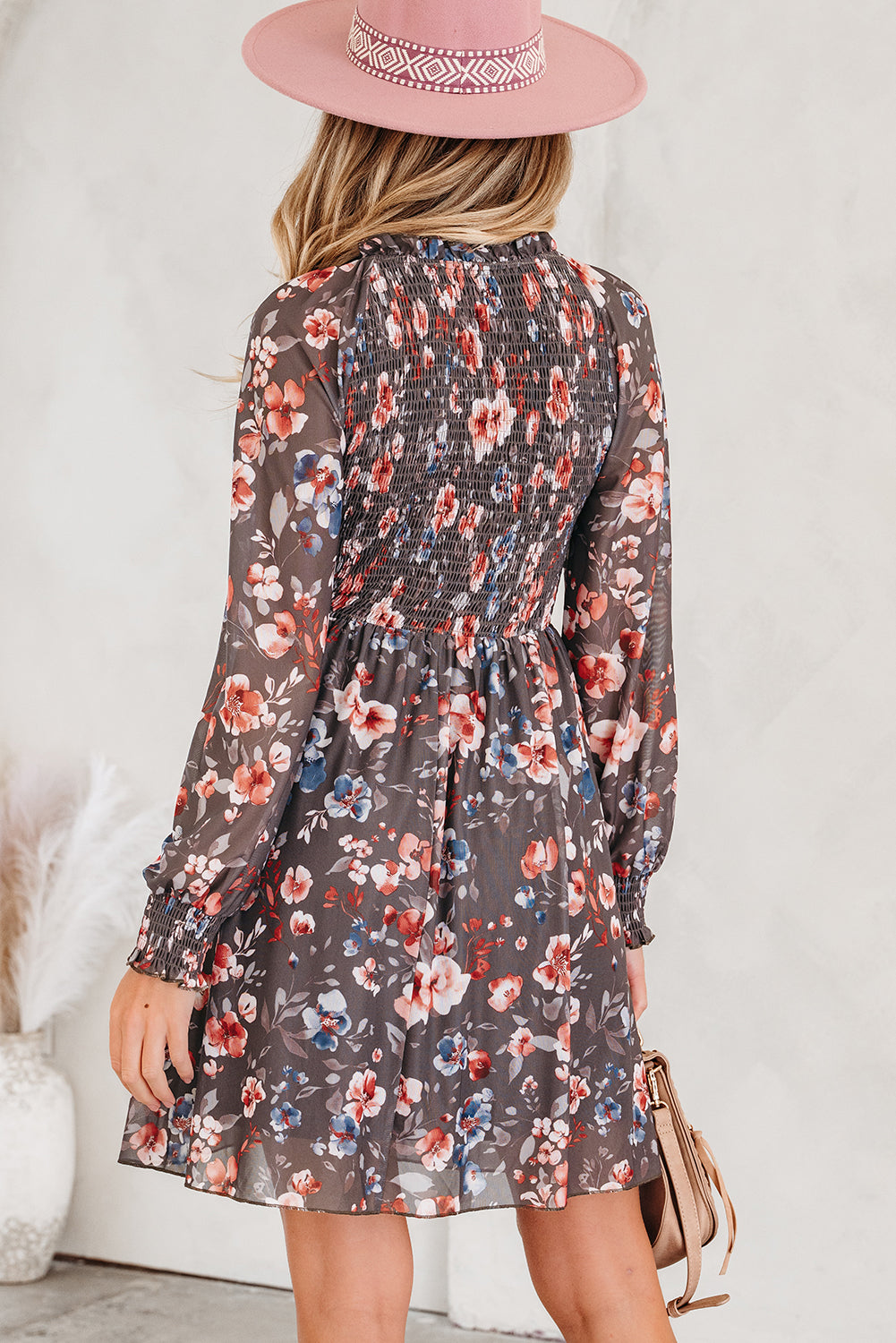 Brown Frilly Smocked Bodice Floral Mesh Long Sleeve Mini Dress-TOPS / DRESSES-[Adult]-[Female]-2022 Online Blue Zone Planet