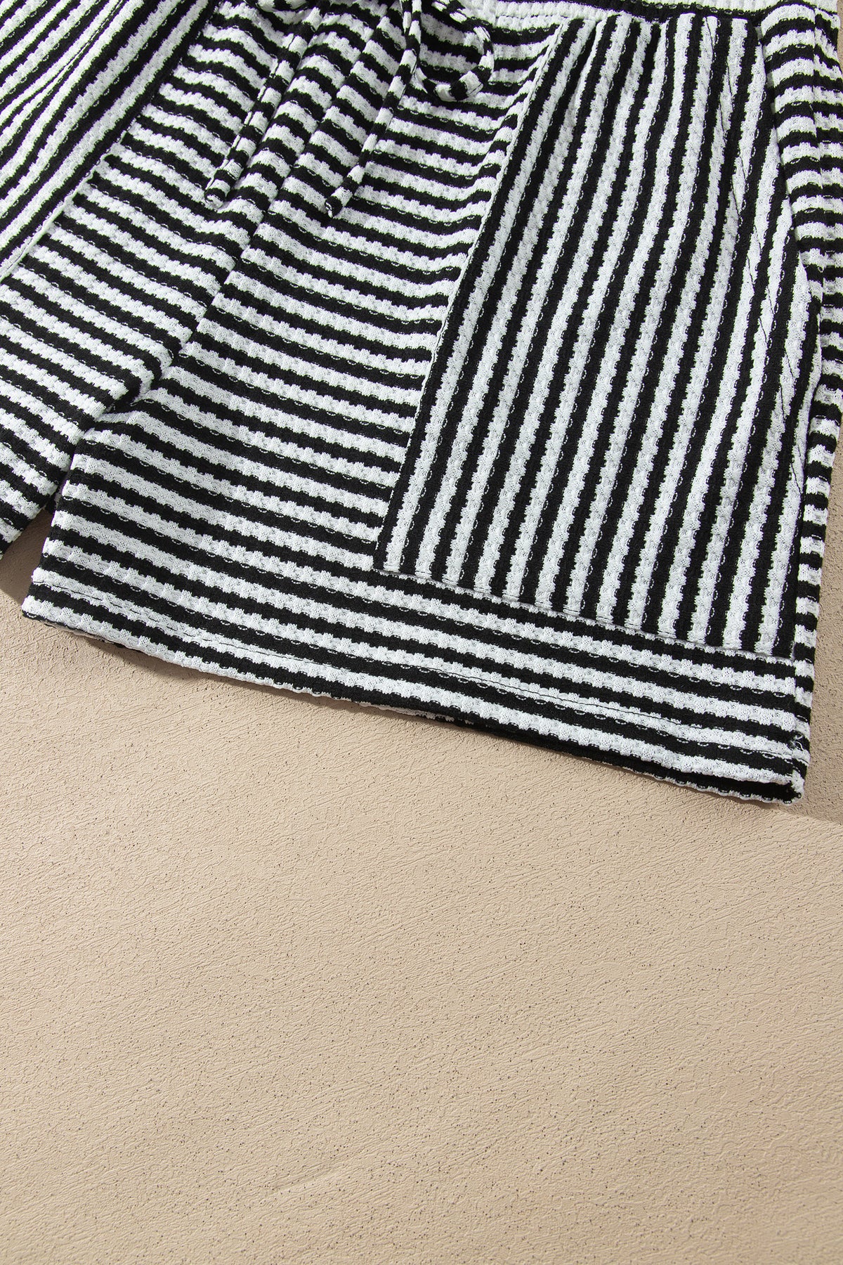 Brown Stripe Textured Knit Long Sleeve Top Elastic Waist Shorts Casual Outfit-Two Piece Sets/Short Sets-[Adult]-[Female]-2022 Online Blue Zone Planet