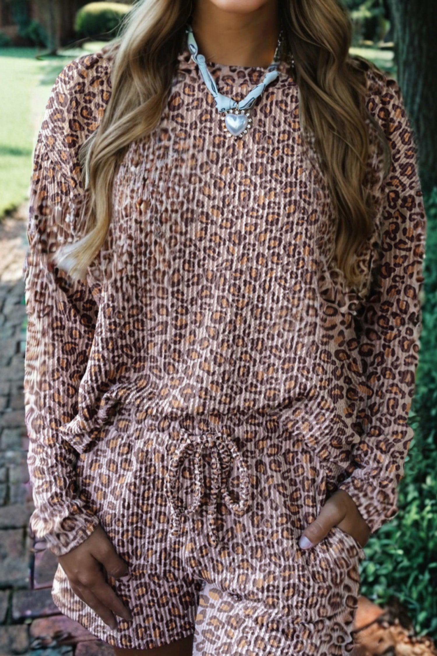 Khaki Leopard Ribbed Long Sleeve Top Drawstring Shorts 2pcs Outfit-Two Piece Sets/Short Sets-[Adult]-[Female]-2022 Online Blue Zone Planet