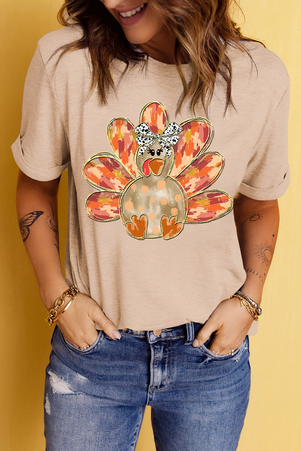 Khaki Thanksgiving Bowknot Turkey Graphic Crewneck Tee-Graphic/Graphic Tees-[Adult]-[Female]-2022 Online Blue Zone Planet