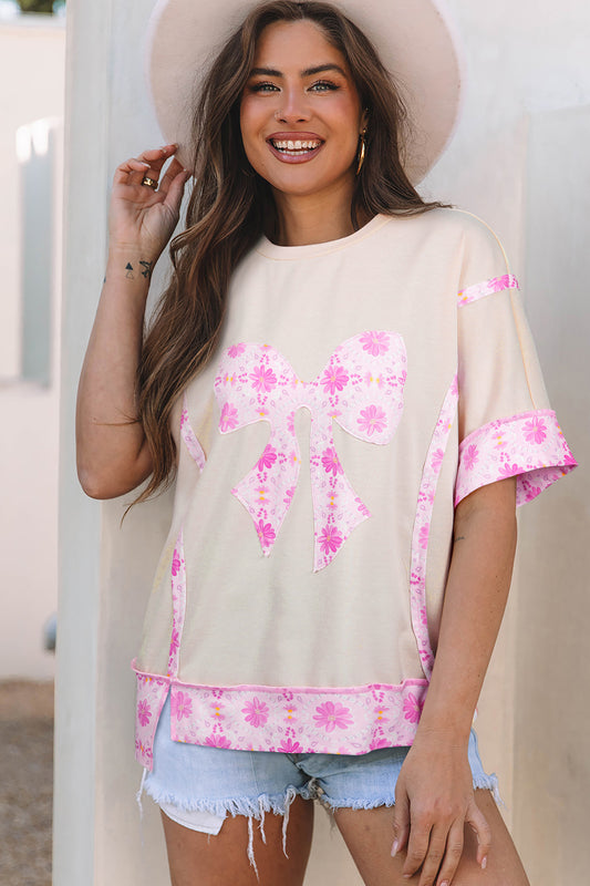 Apricot Daisy Floral Bow Contrast Patchwork Loose T Shirt-Tops/Tops & Tees-[Adult]-[Female]-Apricot-S-2022 Online Blue Zone Planet