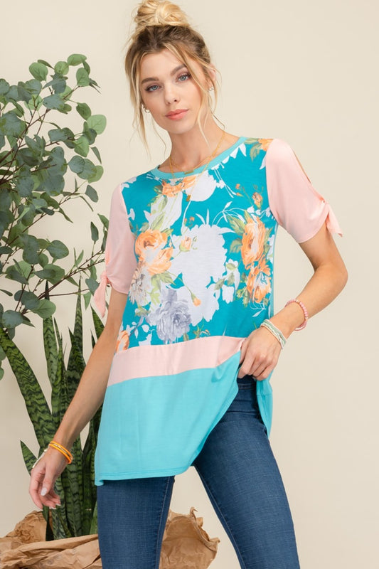 Celeste Full Size Open Tie Sleeve Floral Contrast Top-TOPS / DRESSES-[Adult]-[Female]-Mint Floral-S-2022 Online Blue Zone Planet