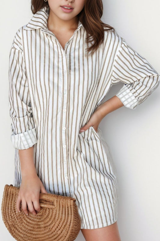 Striped Long Sleeve Mini Shirt Dress-TOPS / DRESSES-[Adult]-[Female]-Stripe-S-2022 Online Blue Zone Planet