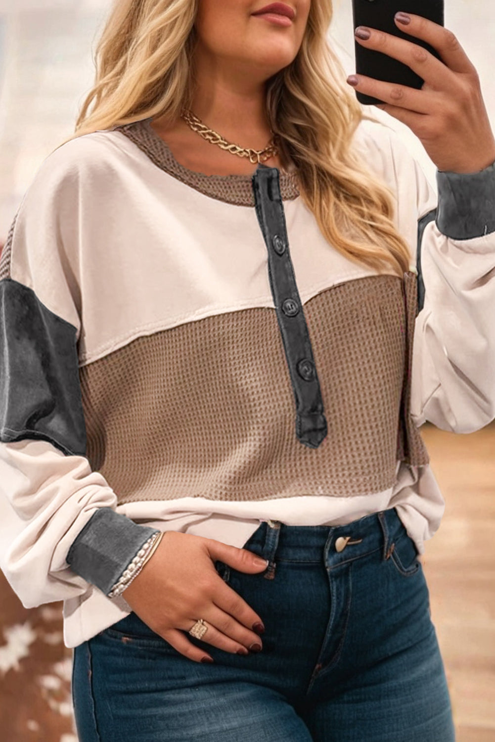 Jet Stream Waffle Patchwork Colorblock Half Buttons Casual Plus Size Knit Jumper-Plus Size/Plus Size Tops/Plus Size Long Sleeve Tops-[Adult]-[Female]-Jet Stream-1X-2022 Online Blue Zone Planet