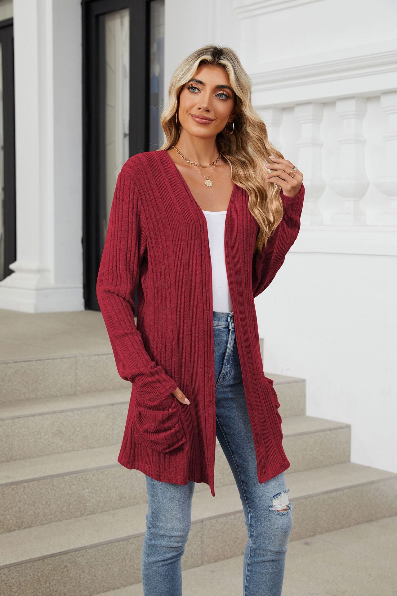 Blue Zone Planet | Pocketed Open Front Long Sleeve Cardigan-TOPS / DRESSES-[Adult]-[Female]-Burgundy-S-2022 Online Blue Zone Planet