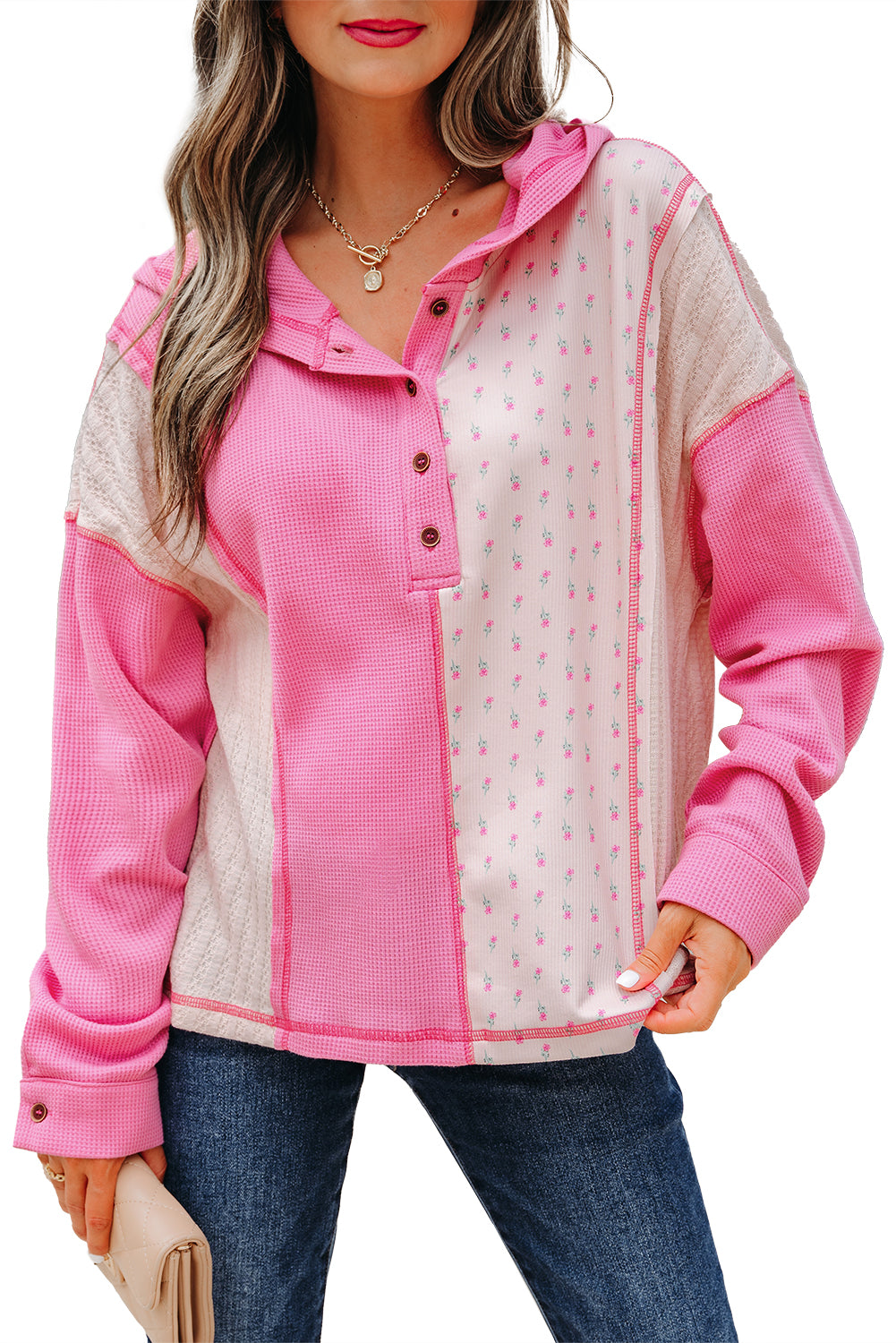 Pink Mixed Texture Waffle Floral Patchwork Hooded Oversize Pullover-Tops/Sweatshirts & Hoodies-[Adult]-[Female]-2022 Online Blue Zone Planet