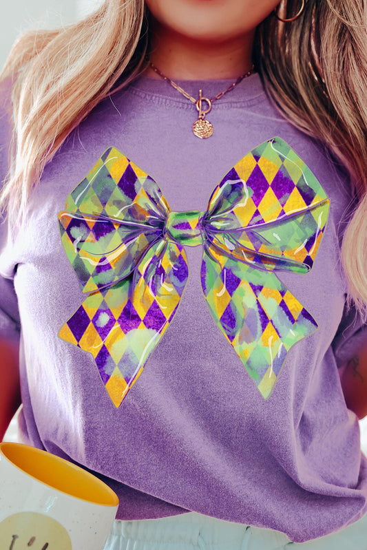 Wisteria Mardi Gras Bowknot Pattern Crew Neck T Shirt-Graphic/Graphic Tees-[Adult]-[Female]-Wisteria-S-2022 Online Blue Zone Planet