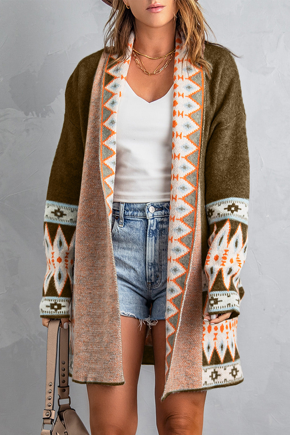 Brown Aztec Print Open Front Knitted Cardigan-Sweaters & Cardigans/Cardigans-[Adult]-[Female]-Brown-XS-2022 Online Blue Zone Planet