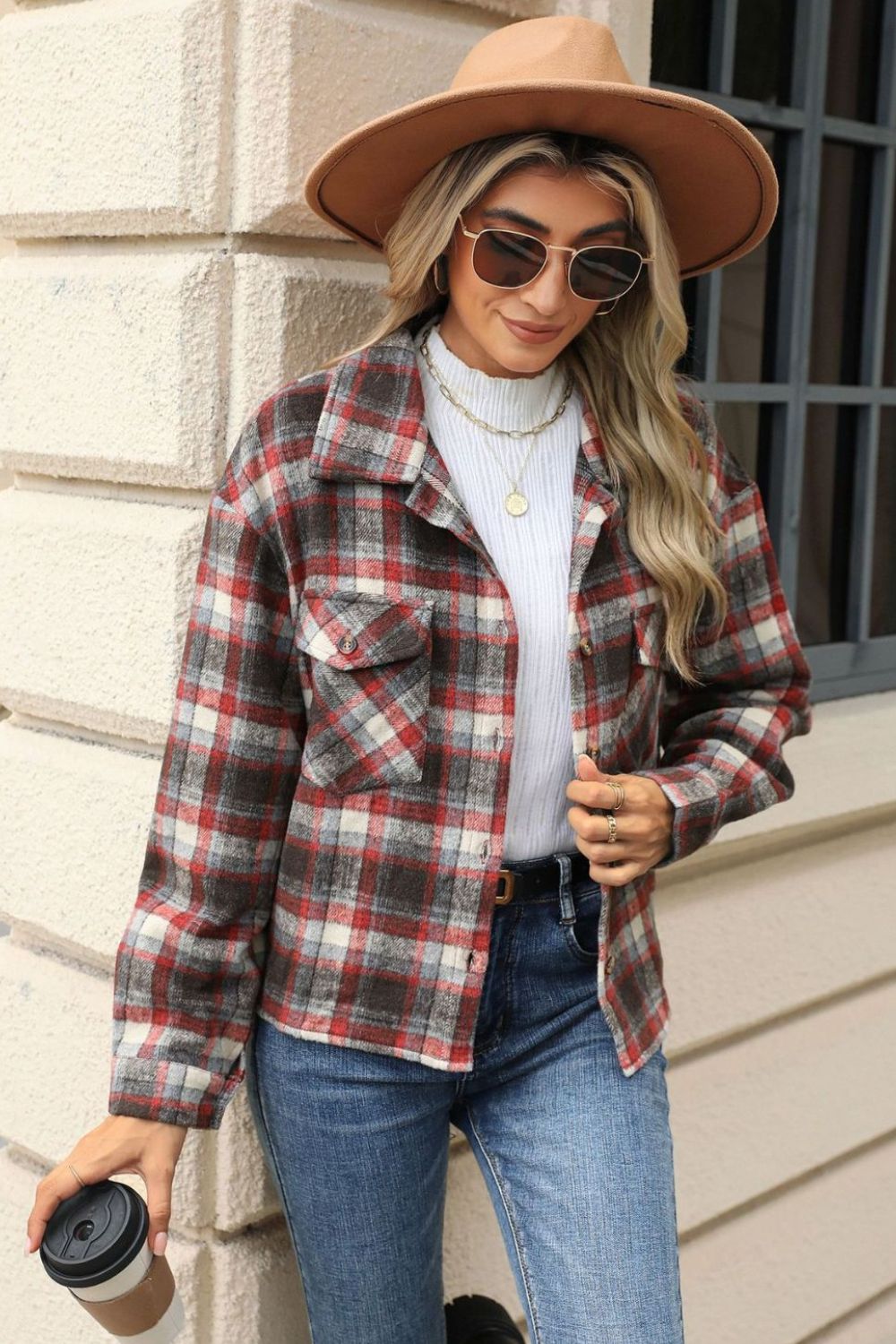 Pocketed Plaid Collared Neck Dropped Shoulder Jacket-TOPS / DRESSES-[Adult]-[Female]-2022 Online Blue Zone Planet