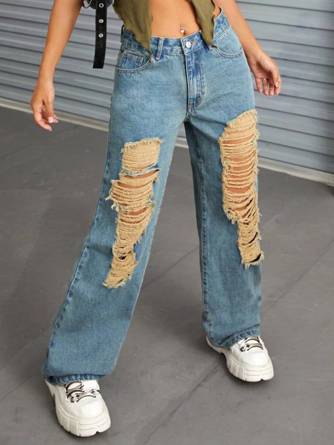 Distressed Wide Leg Jeans with Pockets-[Adult]-[Female]-2022 Online Blue Zone Planet