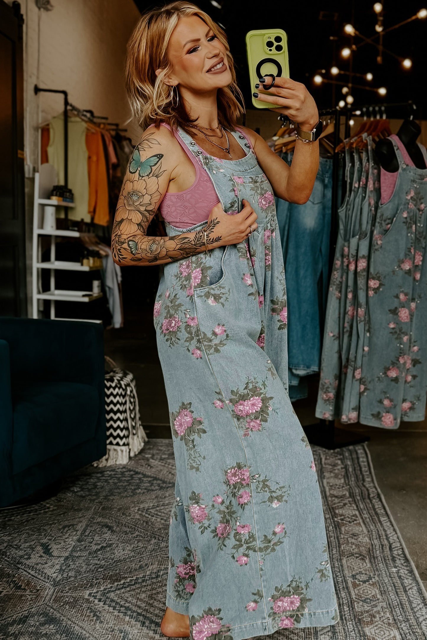 Beau Blue Floral Print Pleated High Waist Wide Leg Denim Jumpsuit-Jumpsuits & Rompers-[Adult]-[Female]-2022 Online Blue Zone Planet