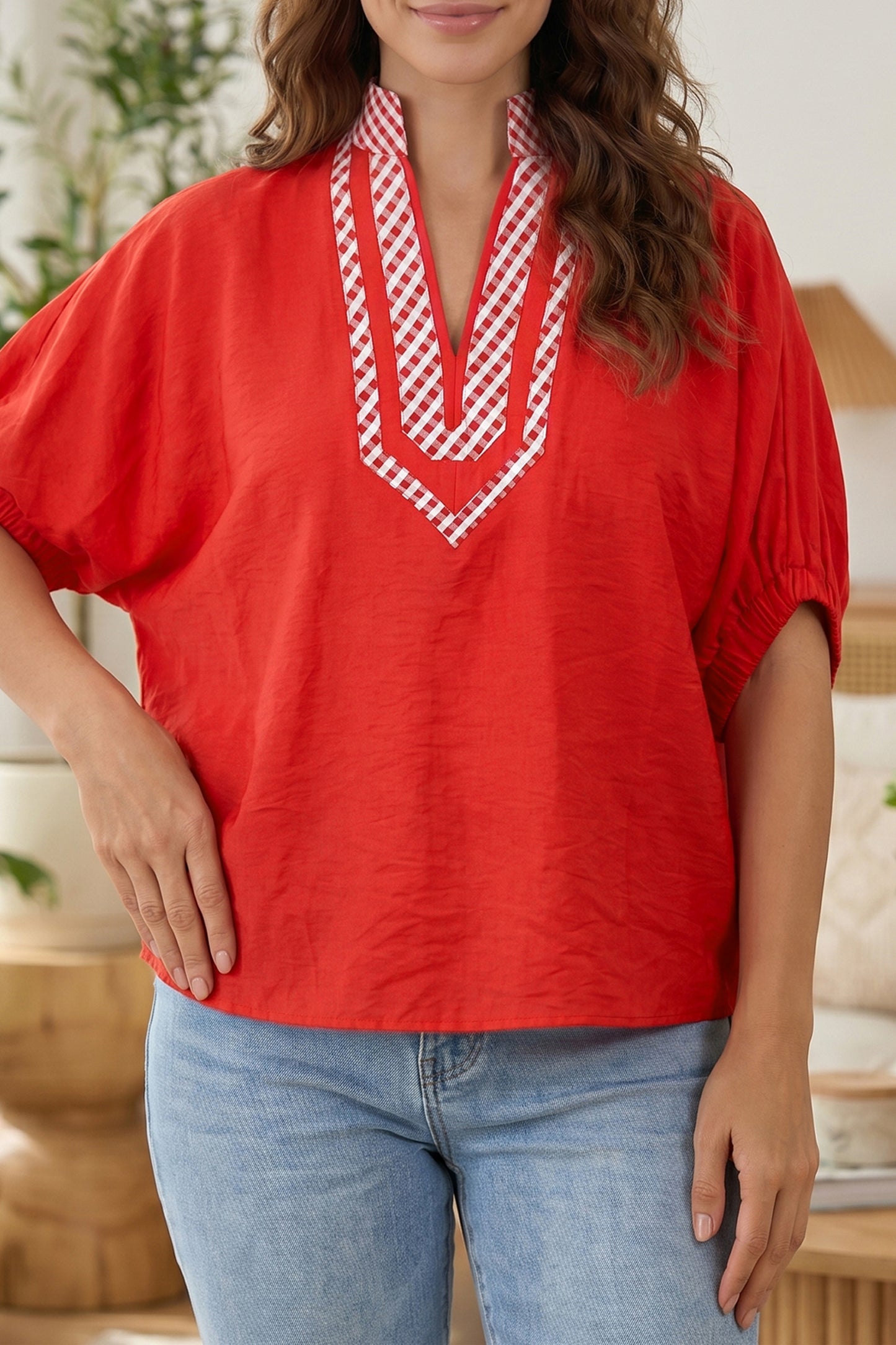 Red V Neck Plaid Collar Short Sleeve Tunic Blouse-Tops/Blouses & Shirts-[Adult]-[Female]-Fiery Red-S-2022 Online Blue Zone Planet