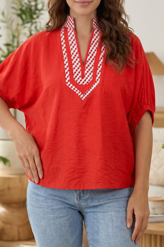 Red V Neck Plaid Collar Short Sleeve Tunic Blouse-Tops/Blouses & Shirts-[Adult]-[Female]-Fiery Red-S-2022 Online Blue Zone Planet