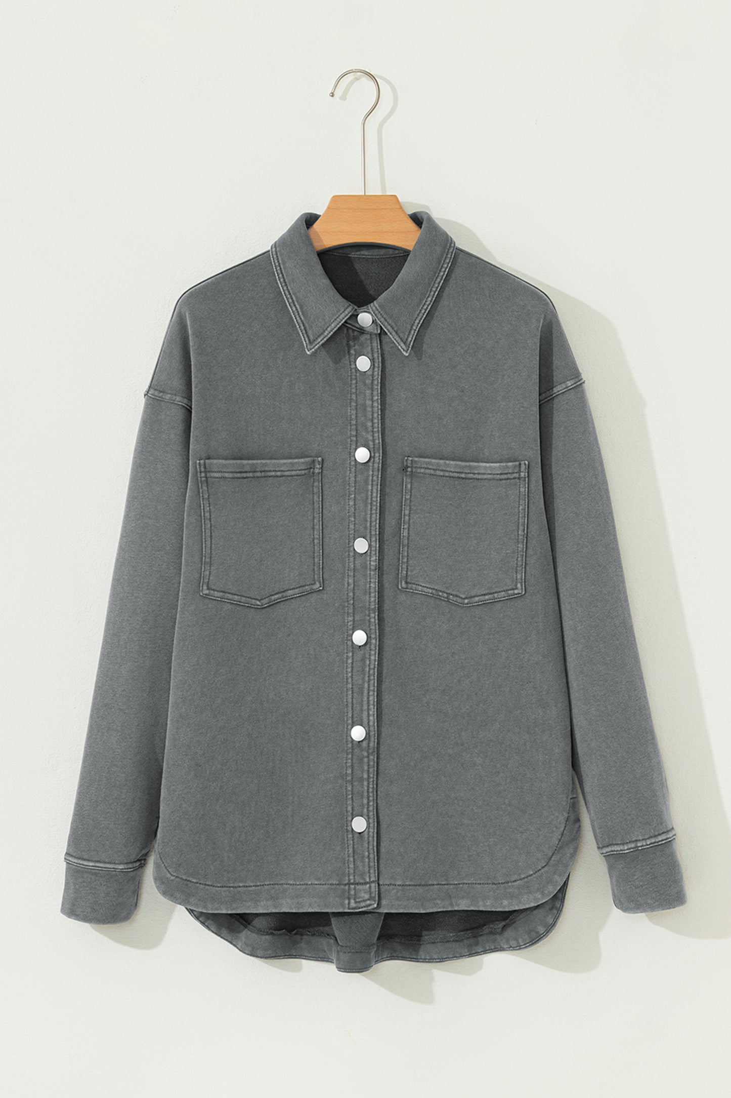 Medium Grey Mineral Wash Chest Pockets Drop Shoulder Shacket with Side Slit-Outerwear/Jackets-[Adult]-[Female]-2022 Online Blue Zone Planet