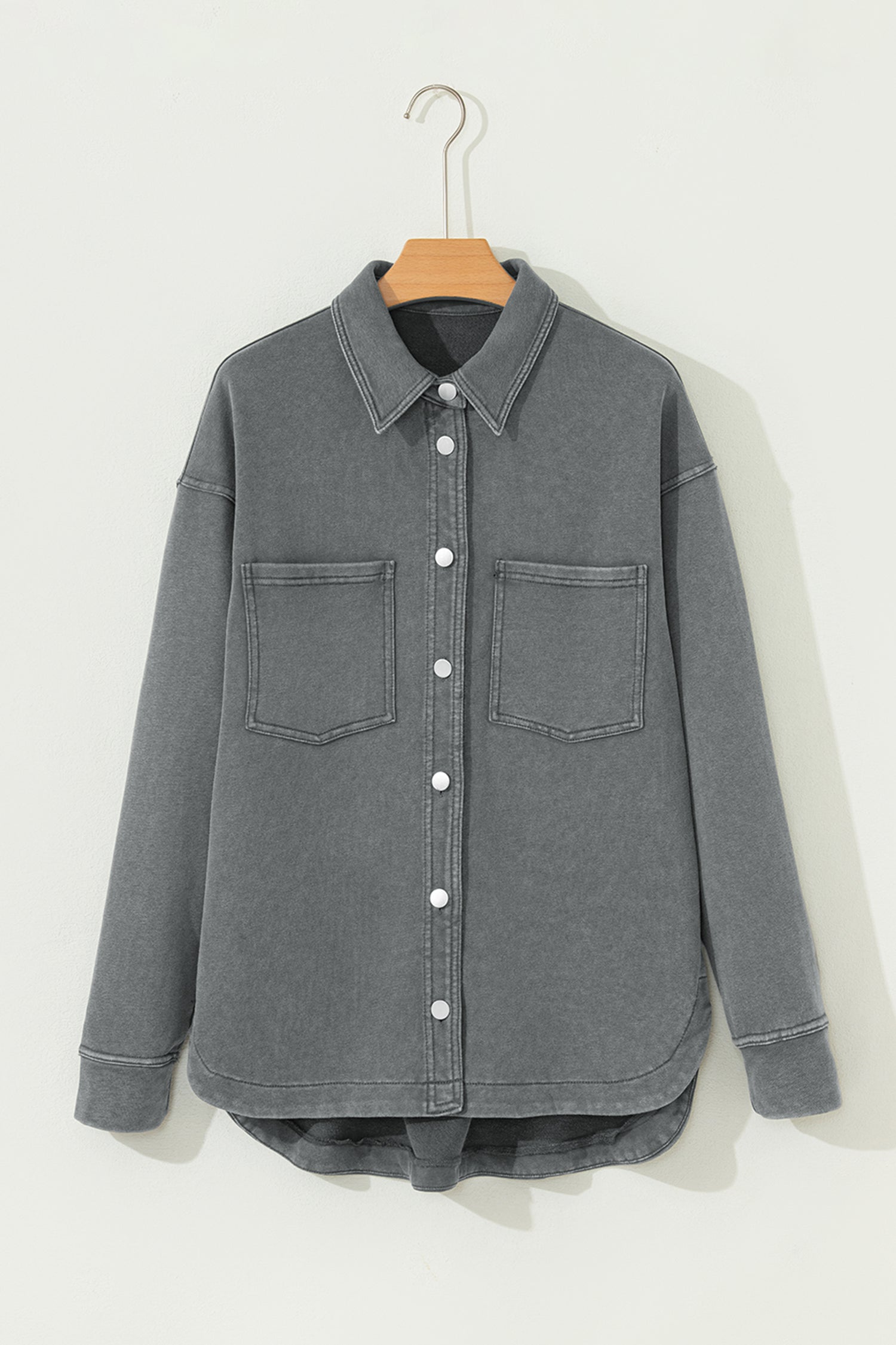 Medium Grey Mineral Wash Chest Pockets Drop Shoulder Shacket with Side Slit-Outerwear/Jackets-[Adult]-[Female]-2022 Online Blue Zone Planet