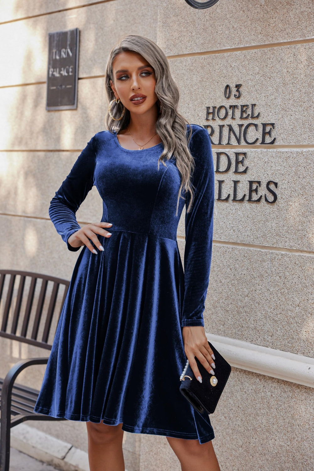 Blue Zone Planet | Round Neck Long Sleeve Knee Length Dress-TOPS / DRESSES-[Adult]-[Female]-2022 Online Blue Zone Planet