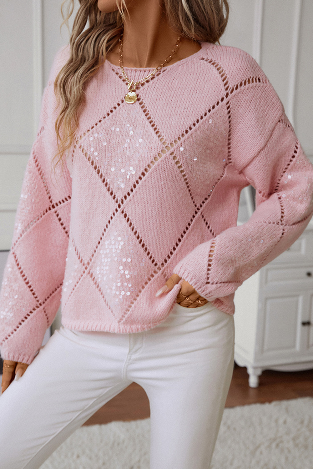 Light Pink Hollowed Rhombus Pattern Sequin Detail Round Neck Sweater-Sweaters & Cardigans/Sweaters-[Adult]-[Female]-2022 Online Blue Zone Planet
