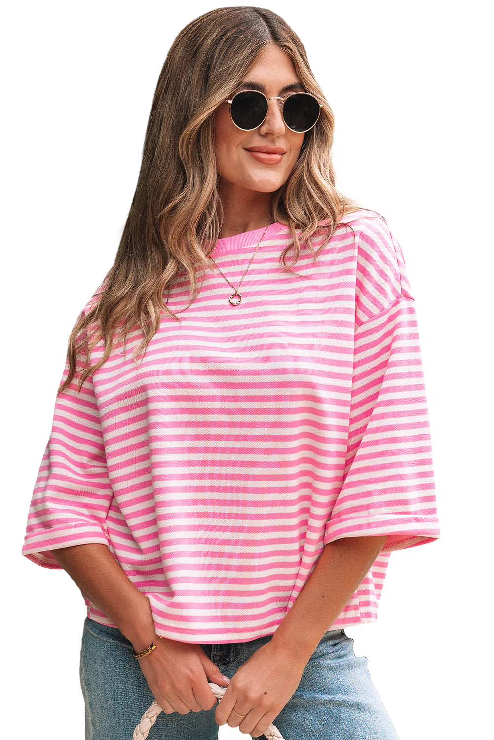 Pink Stripe Bowknot Cutout Back Drop Shoulder Wide Bracelet Sleeve Loose Tee-Tops/Tops & Tees-[Adult]-[Female]-2022 Online Blue Zone Planet