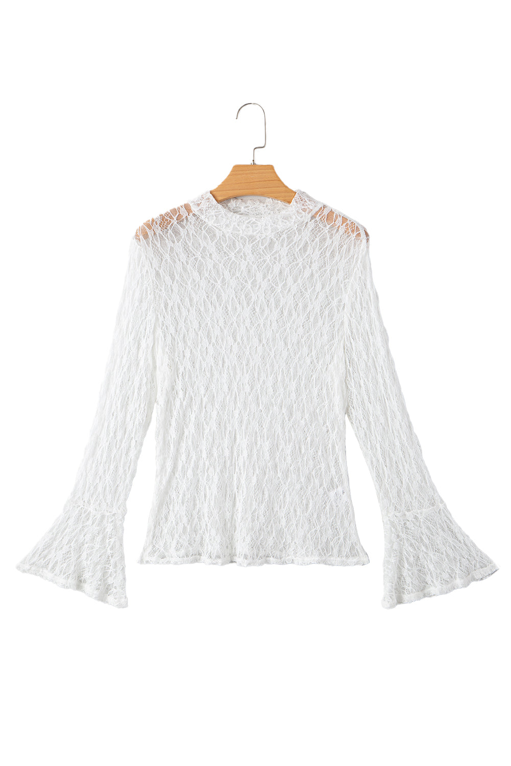 White Sheer Lace Bell Sleeve Mock Neck Blouse-Tops/Blouses & Shirts-[Adult]-[Female]-2022 Online Blue Zone Planet