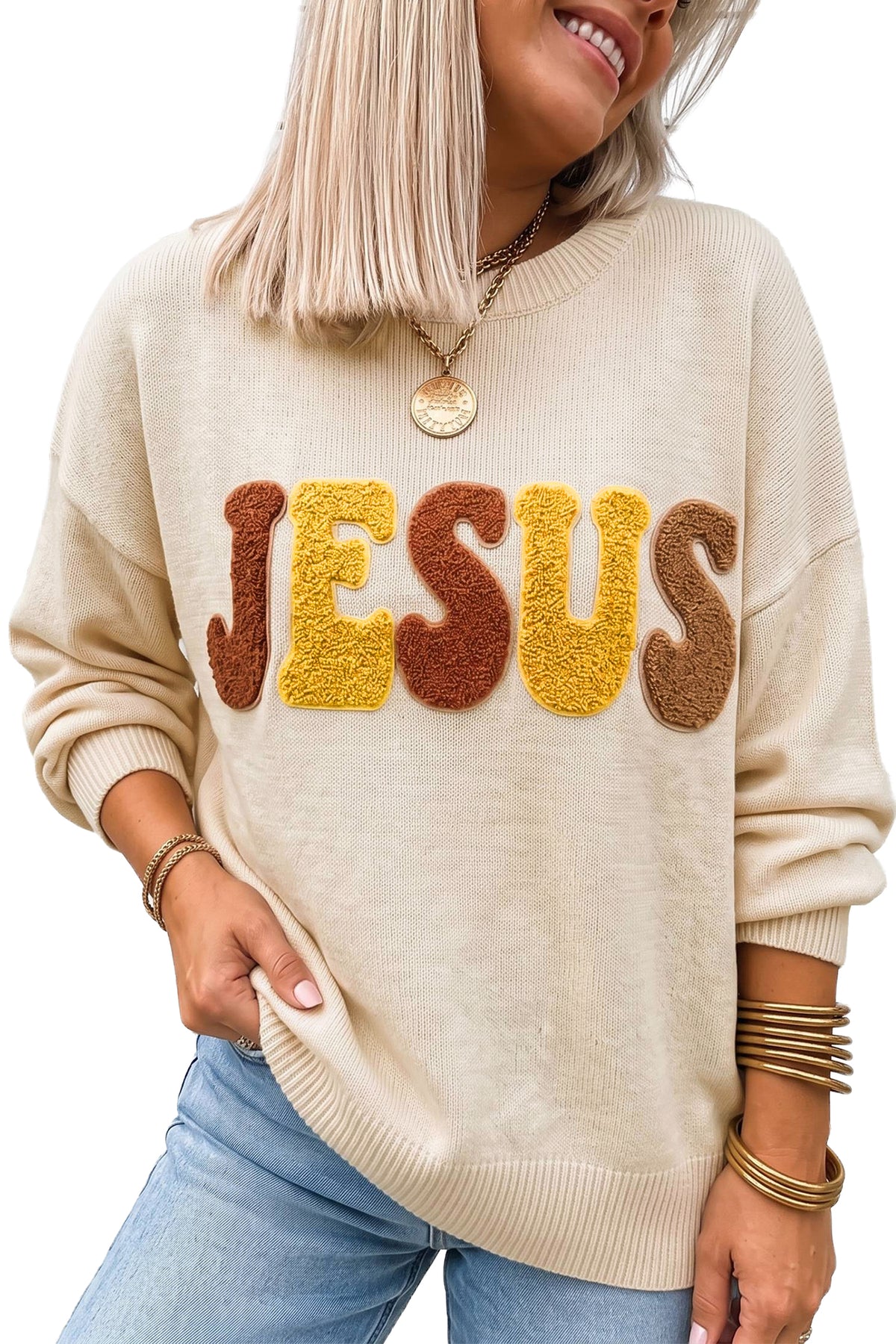 Oatmeal JESUS Plush Letter Graphic Crew Neck Casual Sweater-Sweaters & Cardigans/Sweaters-[Adult]-[Female]-2022 Online Blue Zone Planet