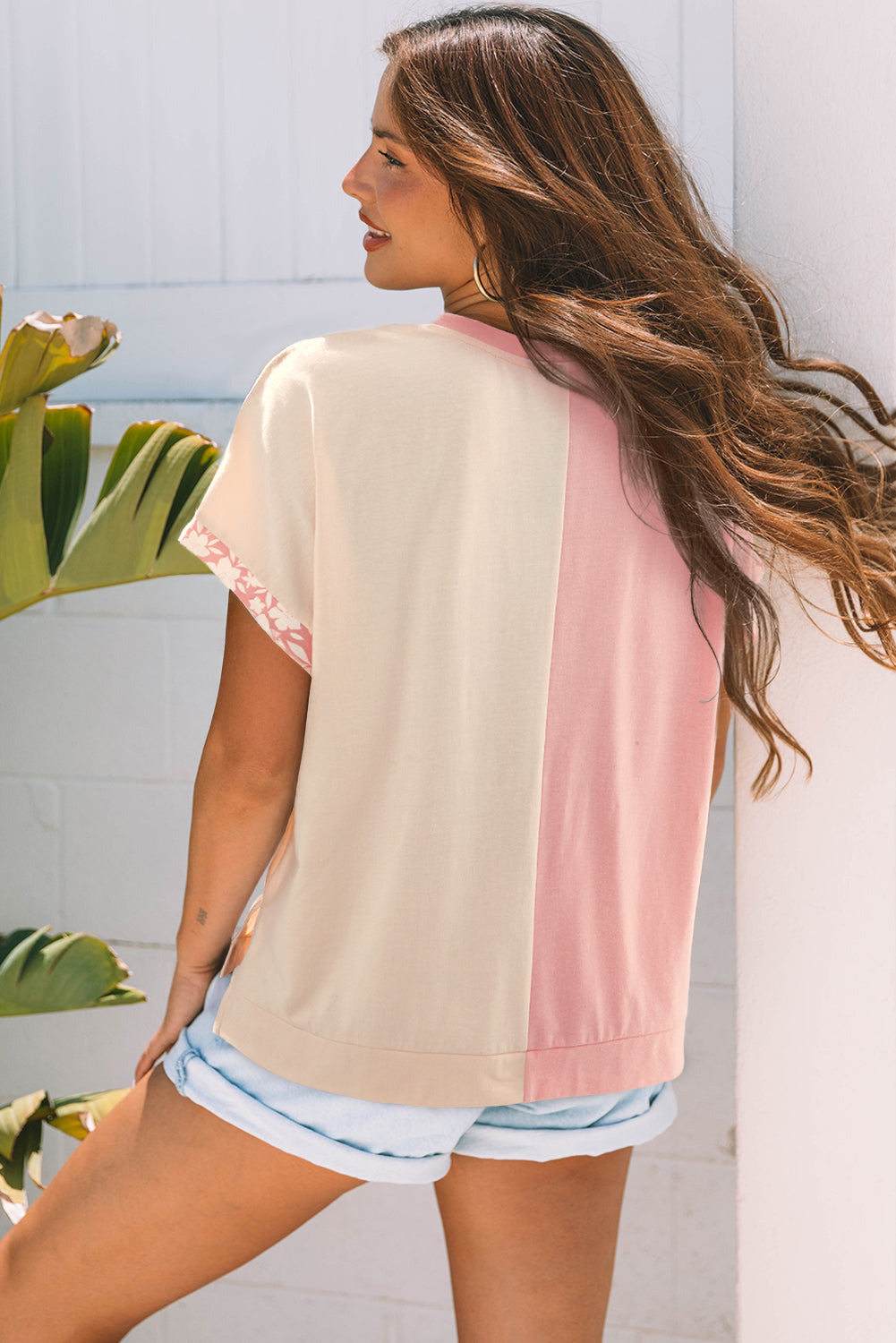 Apricot Color Block Flower Patched Loose T Shirt-Tops/Tops & Tees-[Adult]-[Female]-2022 Online Blue Zone Planet