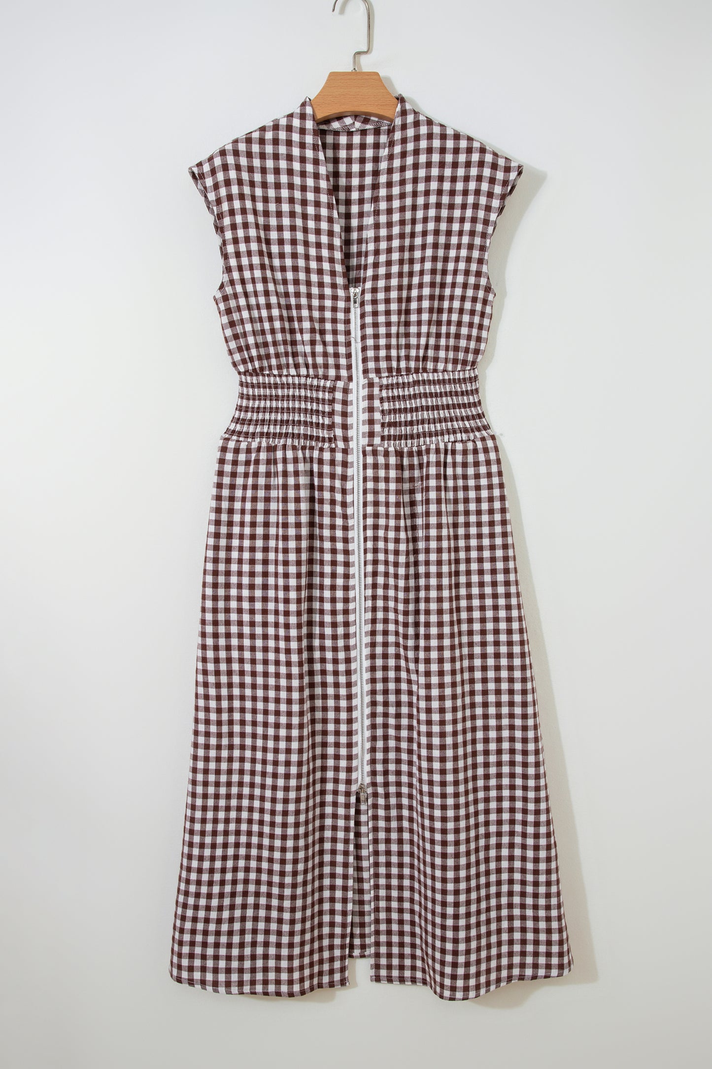 Coffee Plaid Print Full Zipper Cinched Waist Fit Flare Sleeveless Maxi Dress-TOPS / DRESSES-[Adult]-[Female]-2022 Online Blue Zone Planet