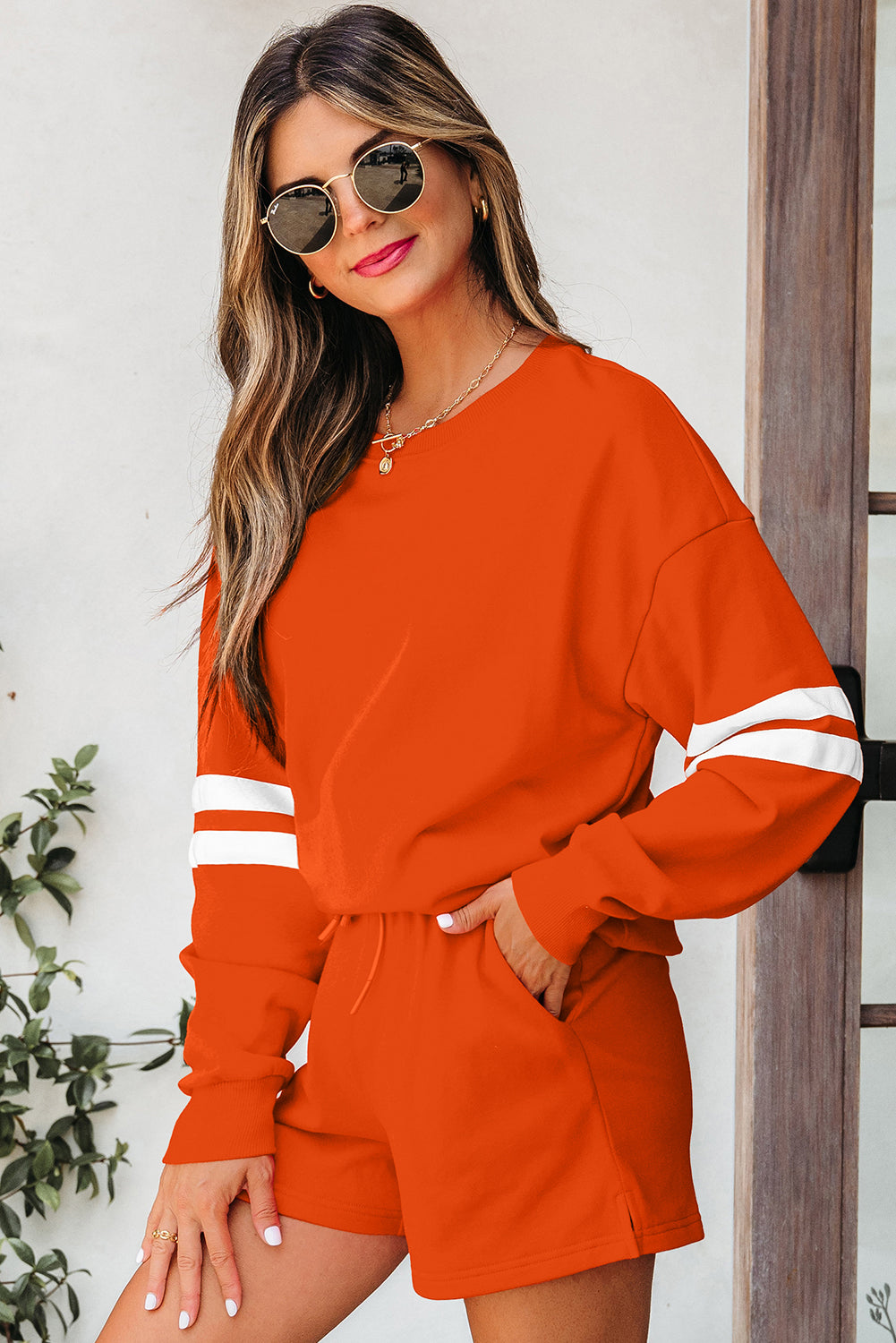 Orange Varsity Striped Sleeve Drop Shoulder Sweatshirt and Short Set-Two Piece Sets/Short Sets-[Adult]-[Female]-2022 Online Blue Zone Planet