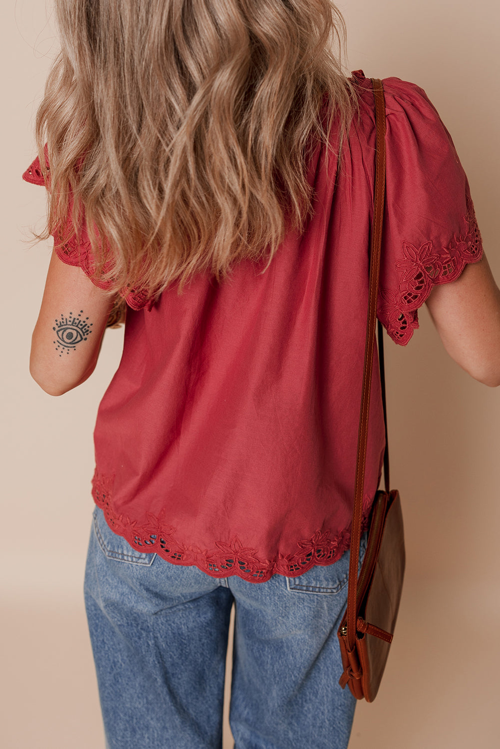 Red Dahlia Floral Embroidered Scallop Trim Short Sleeve V Neck Blouse-Tops/Blouses & Shirts-[Adult]-[Female]-2022 Online Blue Zone Planet