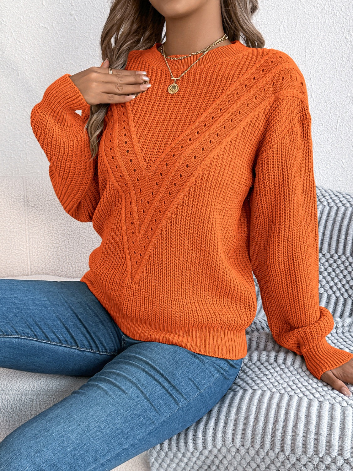 Blue Zone Planet | Openwork Round Neck Long Sleeve Sweater-TOPS / DRESSES-[Adult]-[Female]-2022 Online Blue Zone Planet