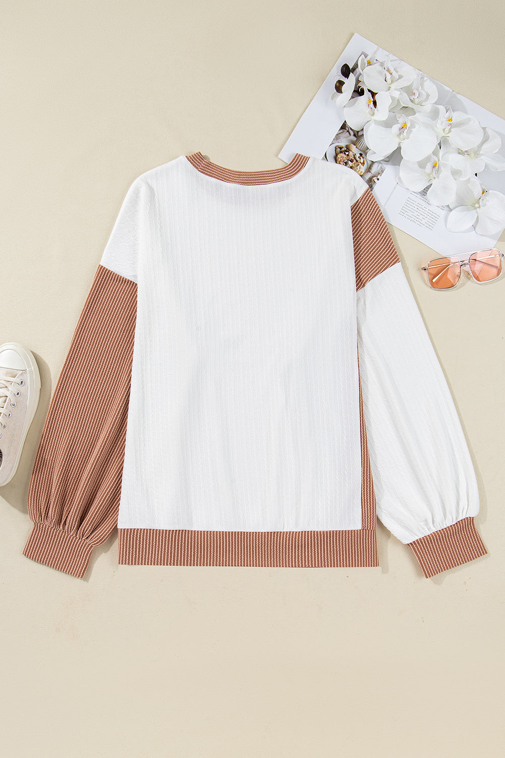 White Cable Texture Ribbed Color Block Plus Size Knit Top-Plus Size/Plus Size Tops/Plus Size Long Sleeve Tops-[Adult]-[Female]-2022 Online Blue Zone Planet