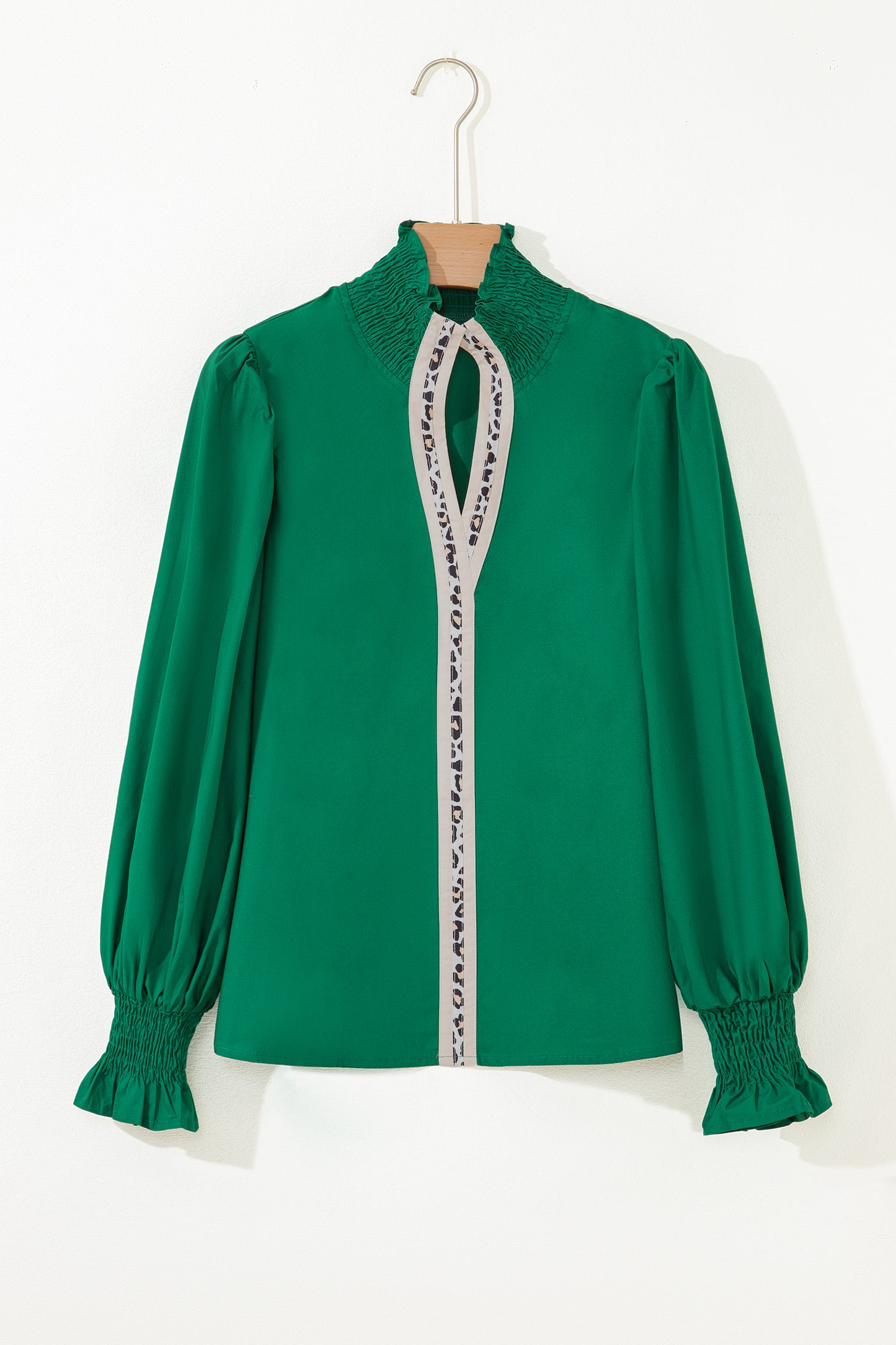 Evergreen Puffy Flounce Sleeve Leopard Trim V Neck Blouse-Tops/Blouses & Shirts-[Adult]-[Female]-2022 Online Blue Zone Planet