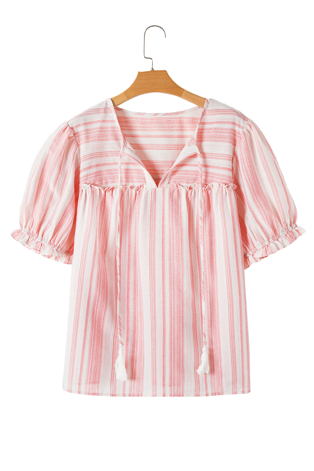 Pink Stripe Plus Size Tassel Tie Frilled Detail Short Sleeve Blouse-Plus Size/Plus Size Tops/Plus Size Blouses & Shirts-[Adult]-[Female]-2022 Online Blue Zone Planet