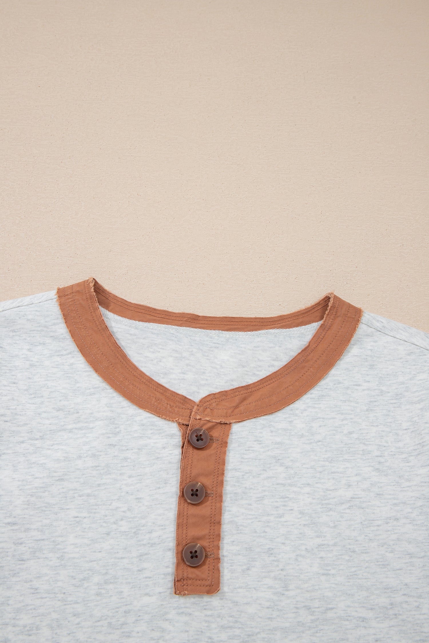 Light Grey Raw Seam Color Block Detail Buttoned Henley Tee-Tops/Tops & Tees-[Adult]-[Female]-2022 Online Blue Zone Planet