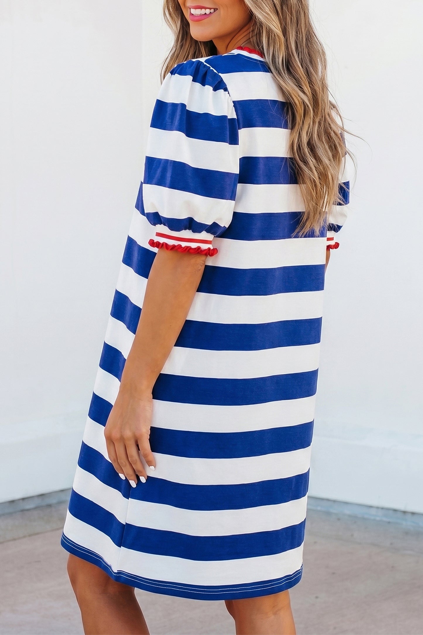 Blue Stripe Contrast Trim Round Neck Short Puff Sleeve Shift Mini Dress-TOPS / DRESSES-[Adult]-[Female]-2022 Online Blue Zone Planet