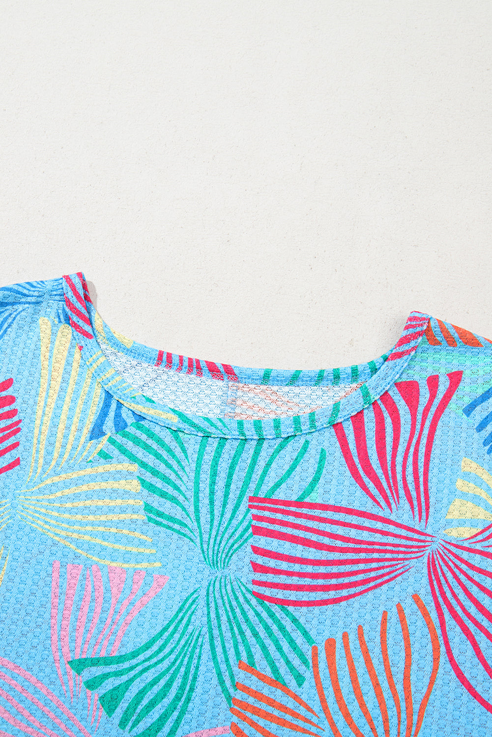 Sky Blue Bowknot Printed Waffle Crewneck Loose Short Sleeve Top-Tops/Tops & Tees-[Adult]-[Female]-2022 Online Blue Zone Planet