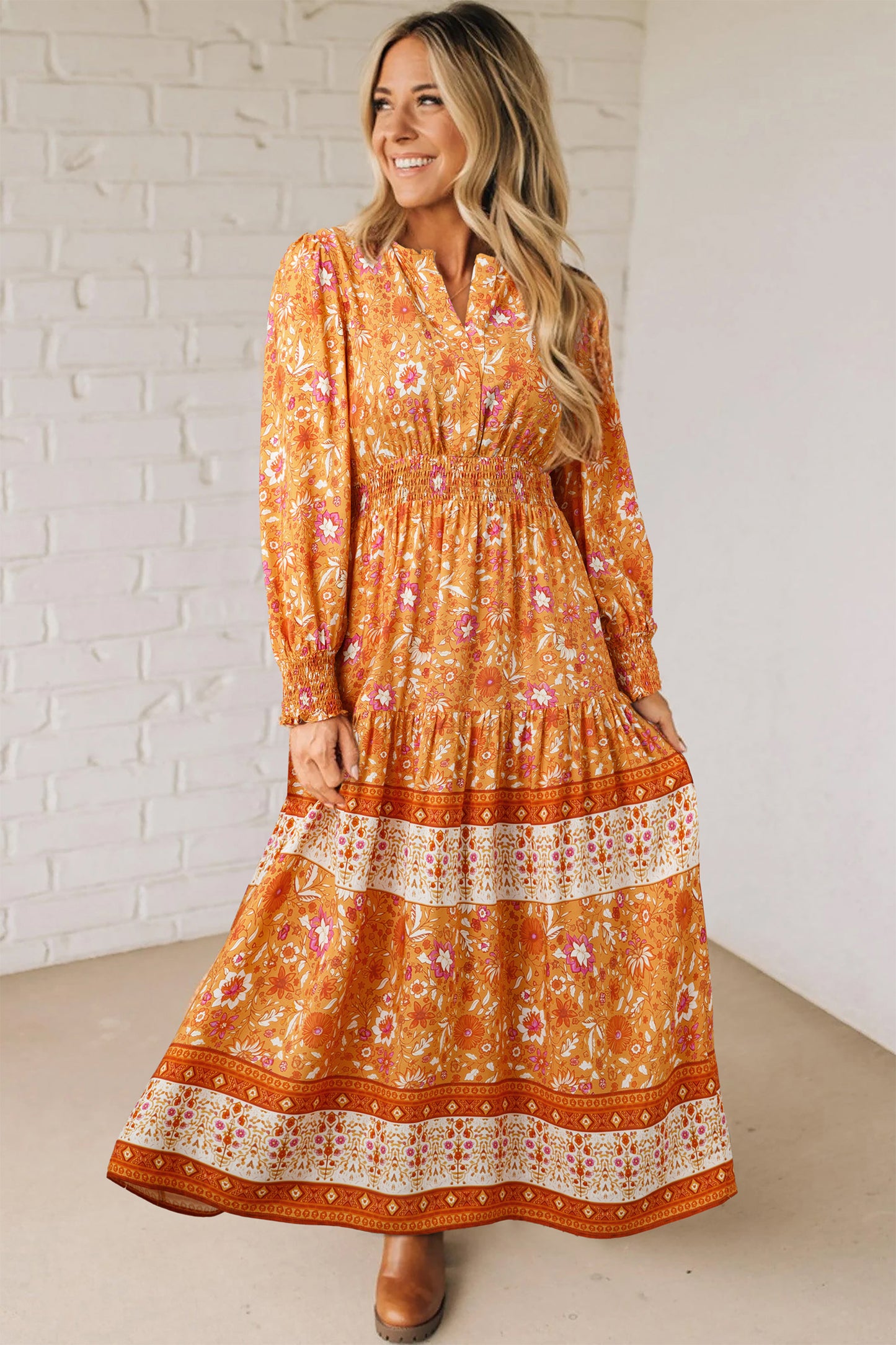 Orange Floral Print Smocked Waist Long Sleeve Boho Maxi Dress-TOPS / DRESSES-[Adult]-[Female]-2022 Online Blue Zone Planet