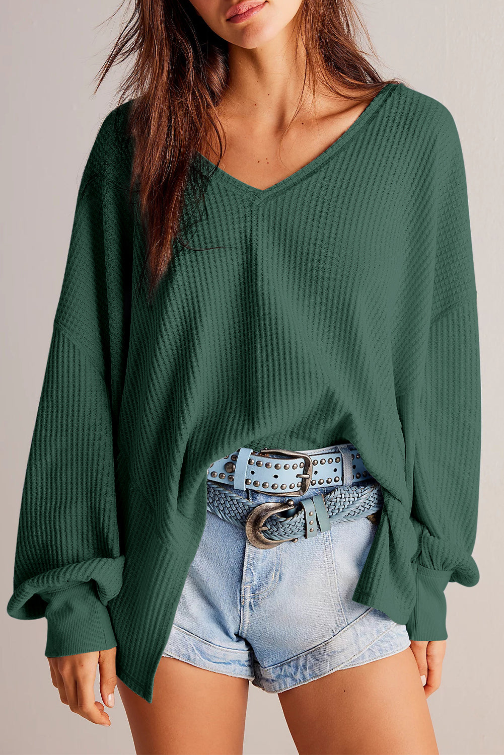 Orchid Petal Waffle V Neck Long Sleeve Drop Shoulder Loose Blouse-Tops/Blouses & Shirts-[Adult]-[Female]-Blackish Green-S-2022 Online Blue Zone Planet