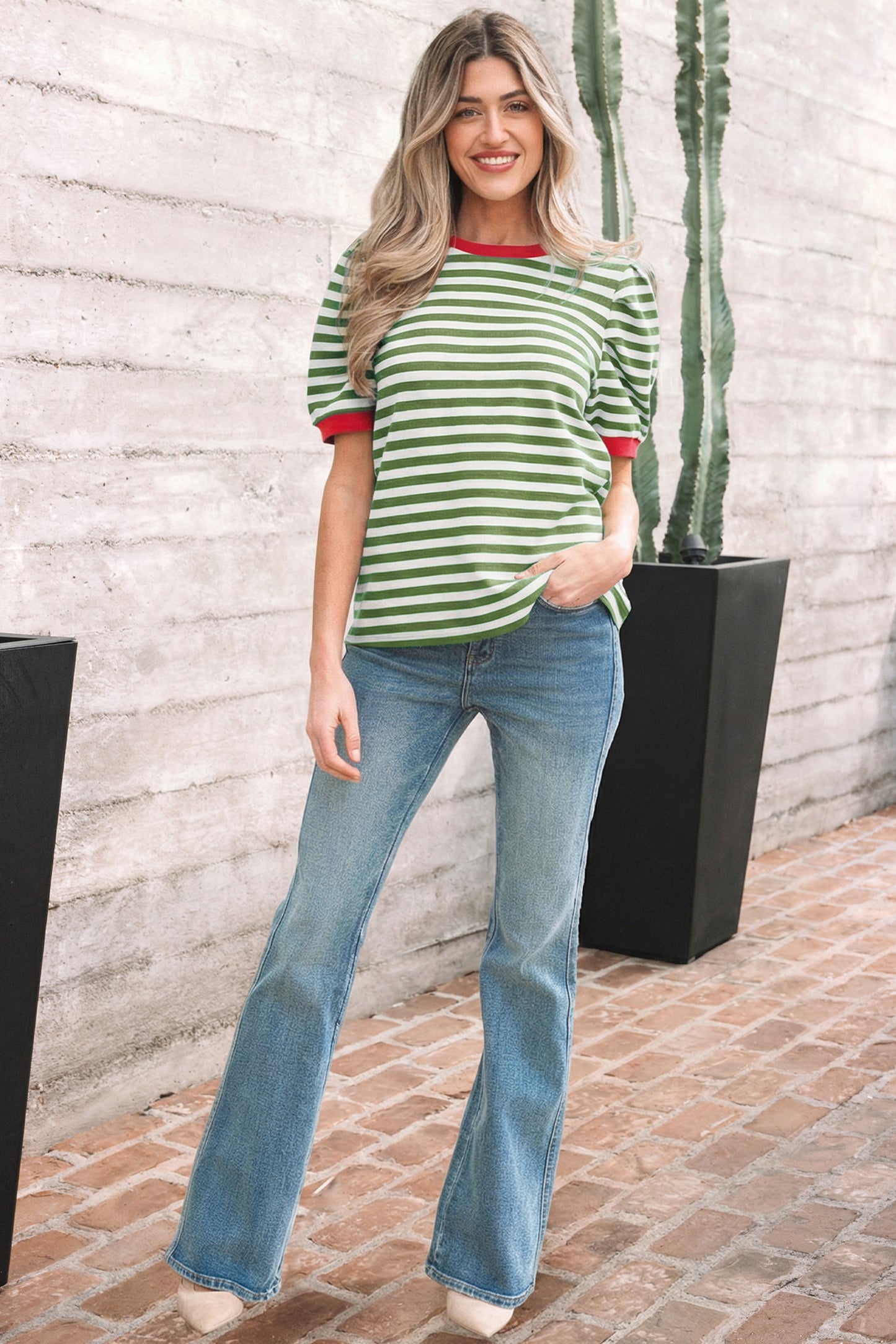 Green Stripe Short Puff Sleeve Contrast Trim Round Neck Tee-Tops/Tops & Tees-[Adult]-[Female]-2022 Online Blue Zone Planet