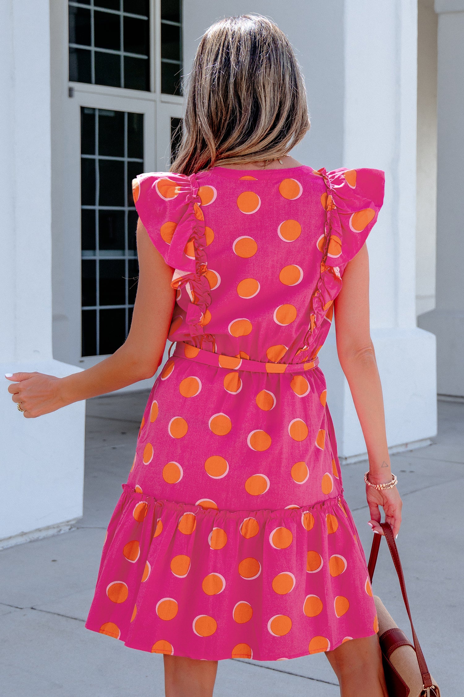 Rose Double Polka Dot V Neck Ruffled Short Sleeve Dress-TOPS / DRESSES-[Adult]-[Female]-2022 Online Blue Zone Planet