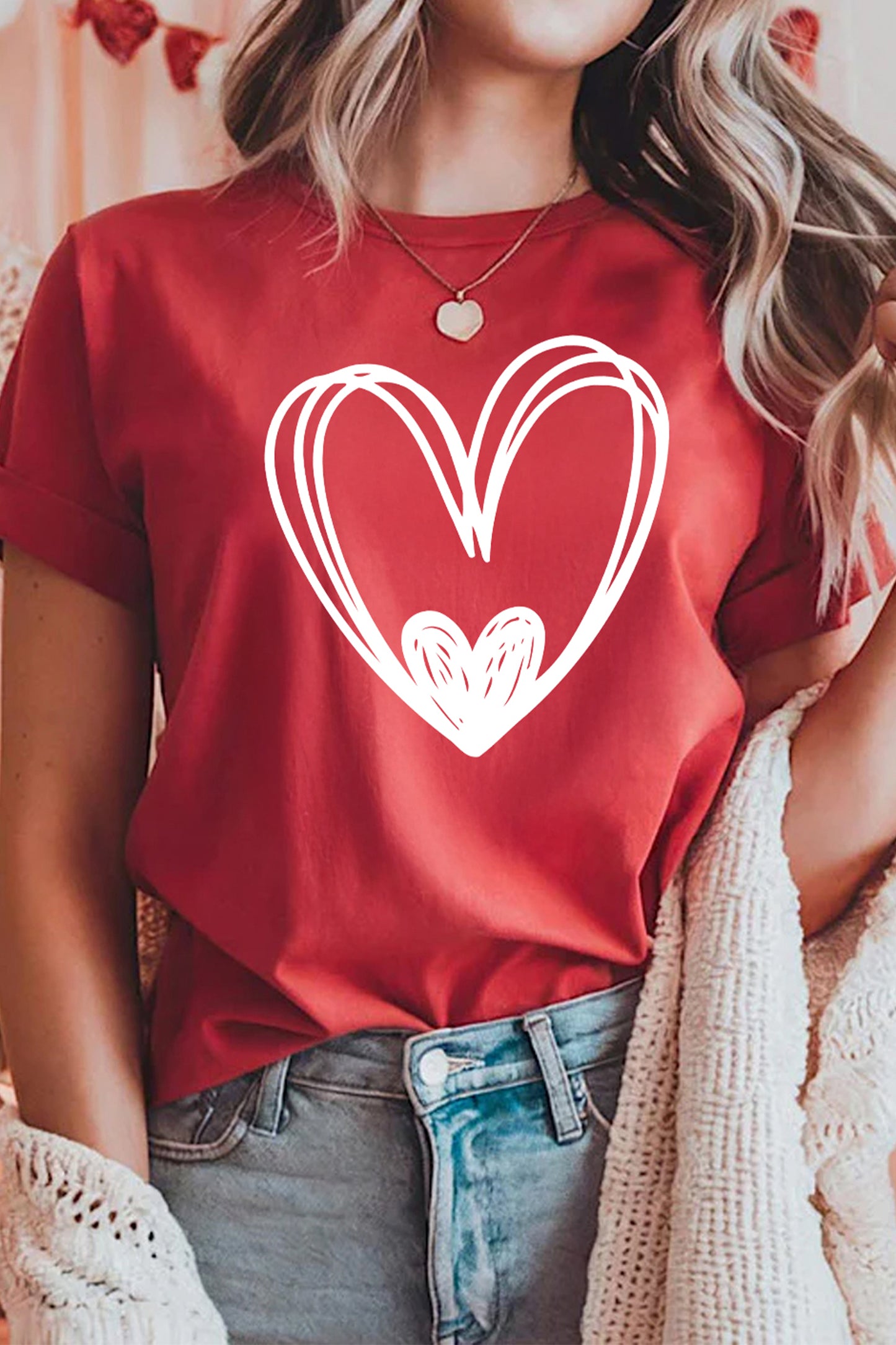 Red Hand Drawn Heart Valentines Day Fashion T Shirt-Graphic Tees-[Adult]-[Female]-2022 Online Blue Zone Planet