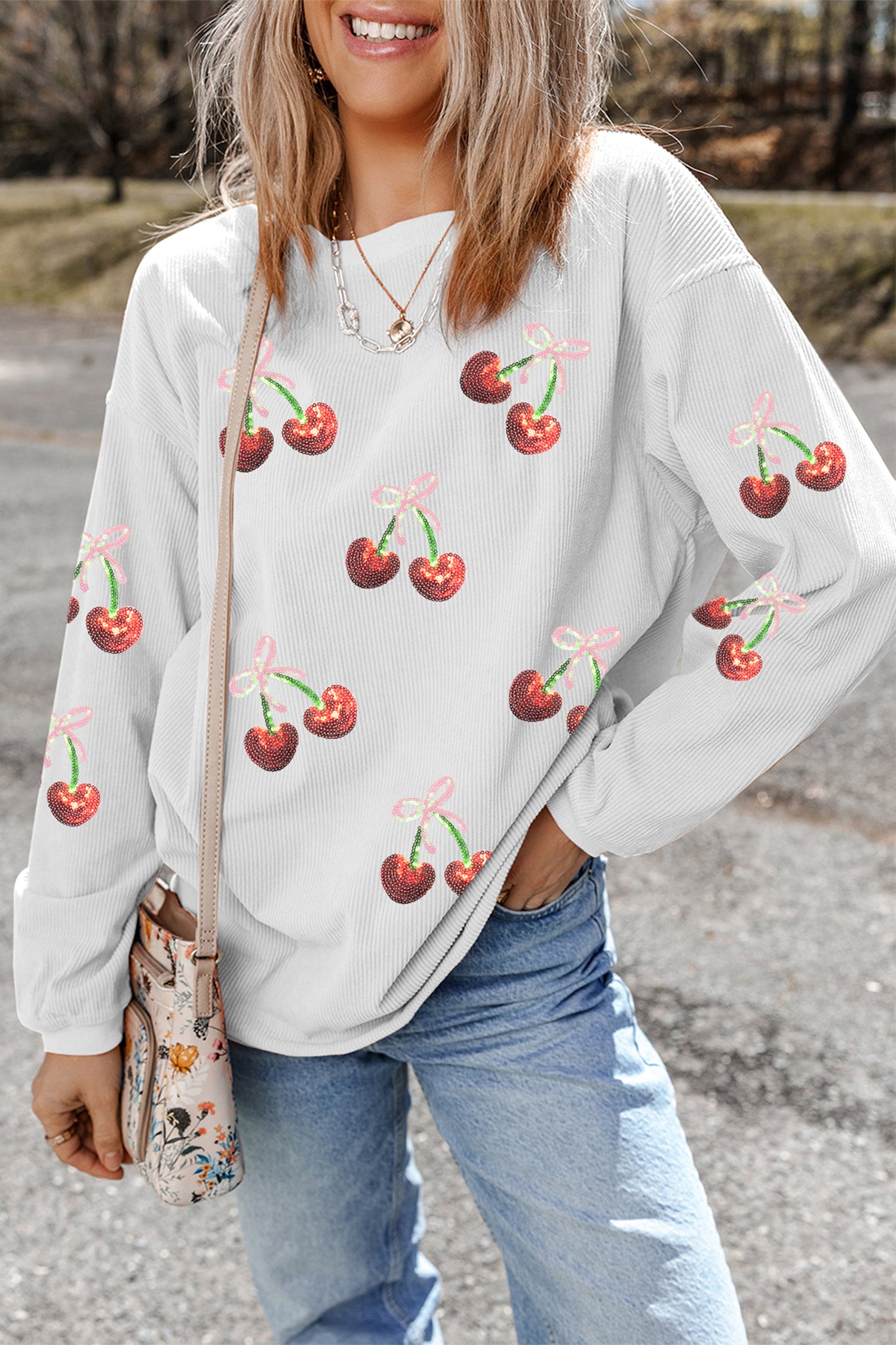 White Corded Ribbed Sequin Cherry Bow Patched Drop Shoulder Sweatshirt-Graphic/Graphic Sweatshirts-[Adult]-[Female]-2022 Online Blue Zone Planet