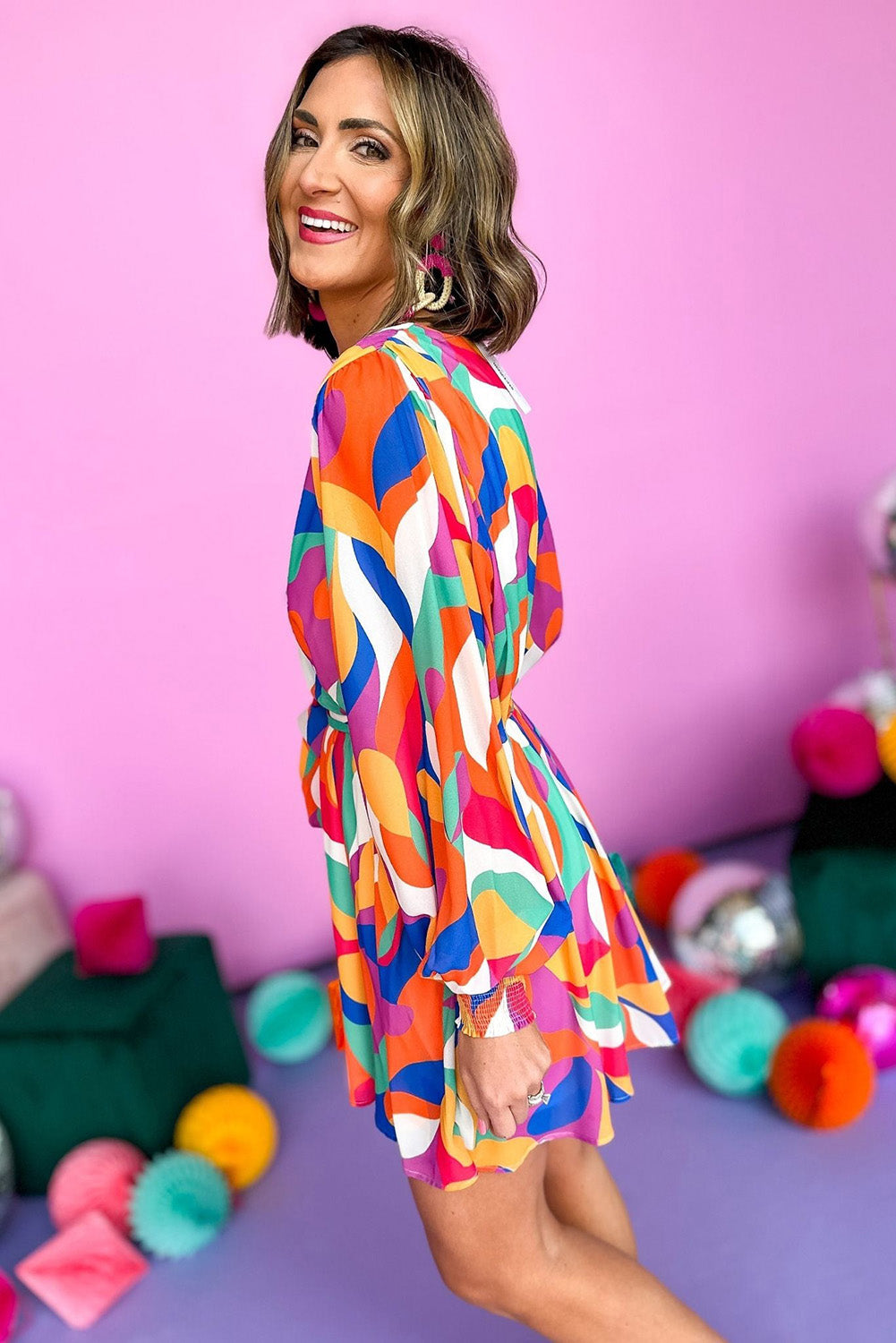 Blue Zone Planet | Multicolor Abstract Printed Belted Puff Sleeve Mini Dress-TOPS / DRESSES-[Adult]-[Female]-2022 Online Blue Zone Planet