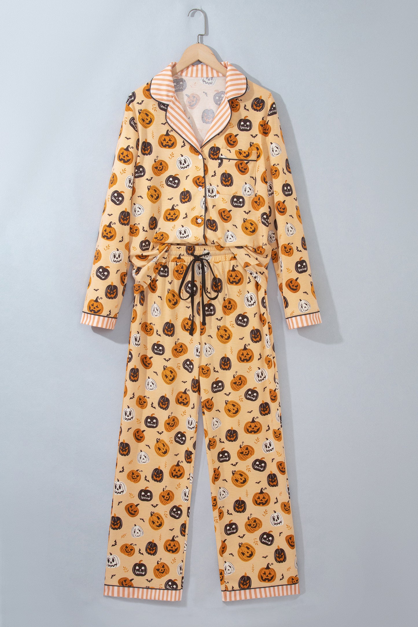 Orange Halloween Pumpkin Print Two Piece Long Sleeve Lounge Set-Loungewear & Sleepwear/Loungewear-[Adult]-[Female]-2022 Online Blue Zone Planet