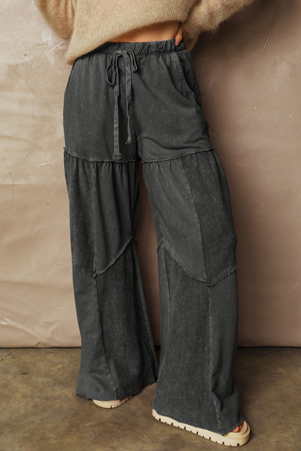 Black Mineral Wash Tiered Wide Leg Patchwork Drawstring Pants-Bottoms/Pants & Culotte-[Adult]-[Female]-2022 Online Blue Zone Planet